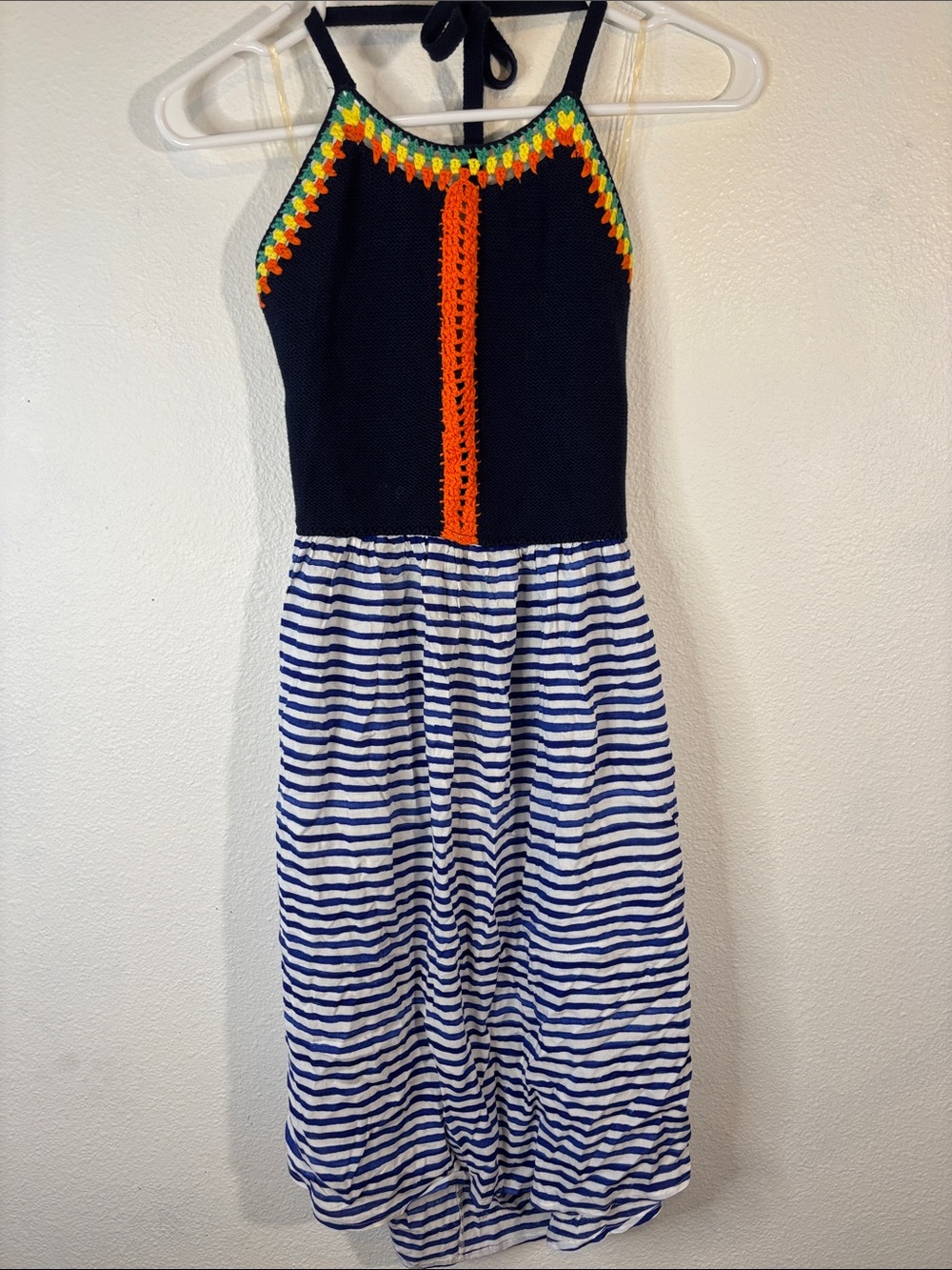 Sperry Navy Halter Maxi Dress with Blue Striped Skirt and Orange Crochet -757sku